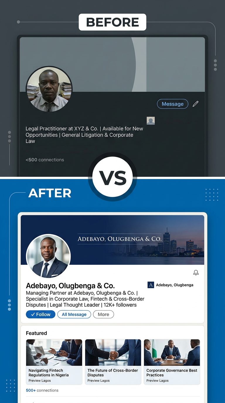 Before-and-after LinkedIn profile transformation for Lagos law firm Managing Partner